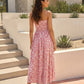 Pink Floral Print Smocked Bodice Spaghetti Strap Maxi Dress OMFORT