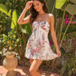 Floral Print Strapless Ruched Bust Ruffle Hem Mini Dress OMFORT