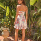Floral Print Strapless Ruched Bust Ruffle Hem Mini Dress OMFORT