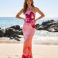 Pink Orange Floral Print Halter Neck Bodycon Maxi Dress OMFORT