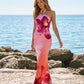 Pink Orange Floral Print Halter Neck Bodycon Maxi Dress OMFORT
