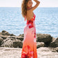 Pink Orange Floral Print Halter Neck Bodycon Maxi Dress OMFORT