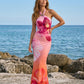 Pink Orange Floral Print Halter Neck Bodycon Maxi Dress OMFORT