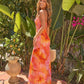 Pink Orange Hibiscus Print Sweetheart Neck Maxi Dress OMFORT