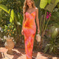 Pink Orange Hibiscus Print Sweetheart Neck Maxi Dress OMFORT