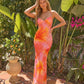 Pink Orange Hibiscus Print Sweetheart Neck Maxi Dress OMFORT