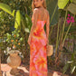 Pink Orange Hibiscus Print Sweetheart Neck Maxi Dress OMFORT