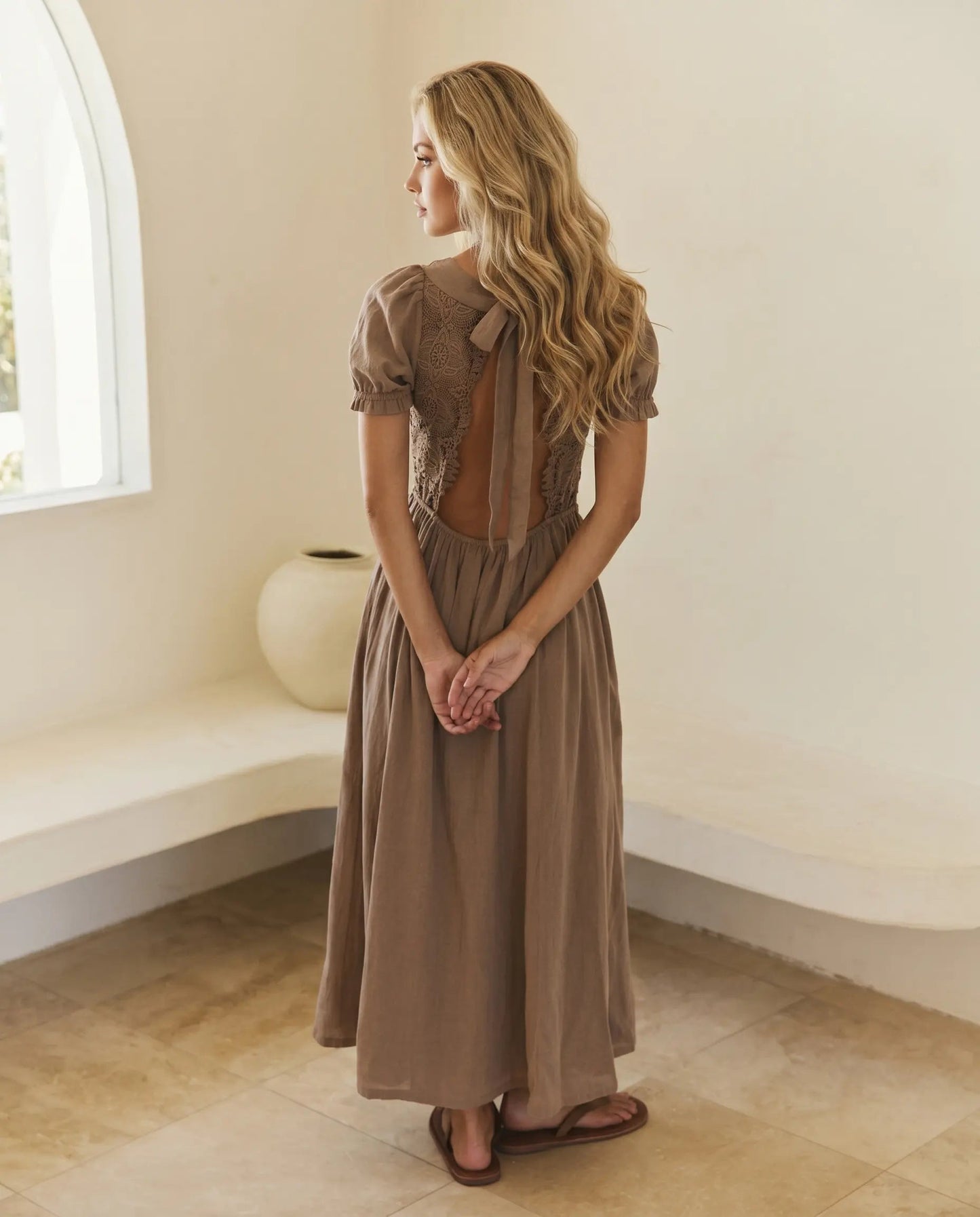 SOLACE  Brown Lace Crochet Detail Slim Fit Maxi Dress?