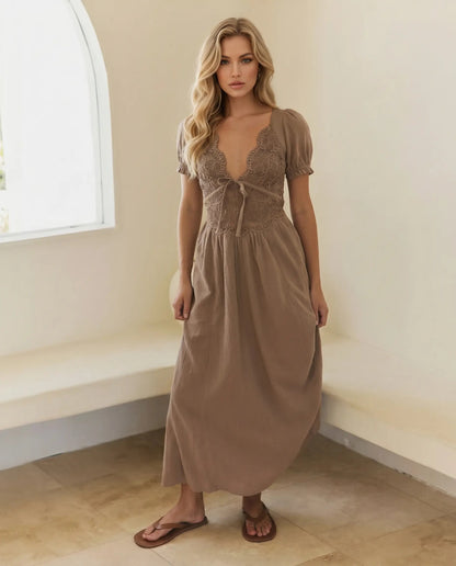 SOLACE  Brown Lace Crochet Detail Slim Fit Maxi Dress?