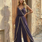 SOLACE  Purple Spaghetti Strap Gold Embroidered Wide Leg Jumpsuit?