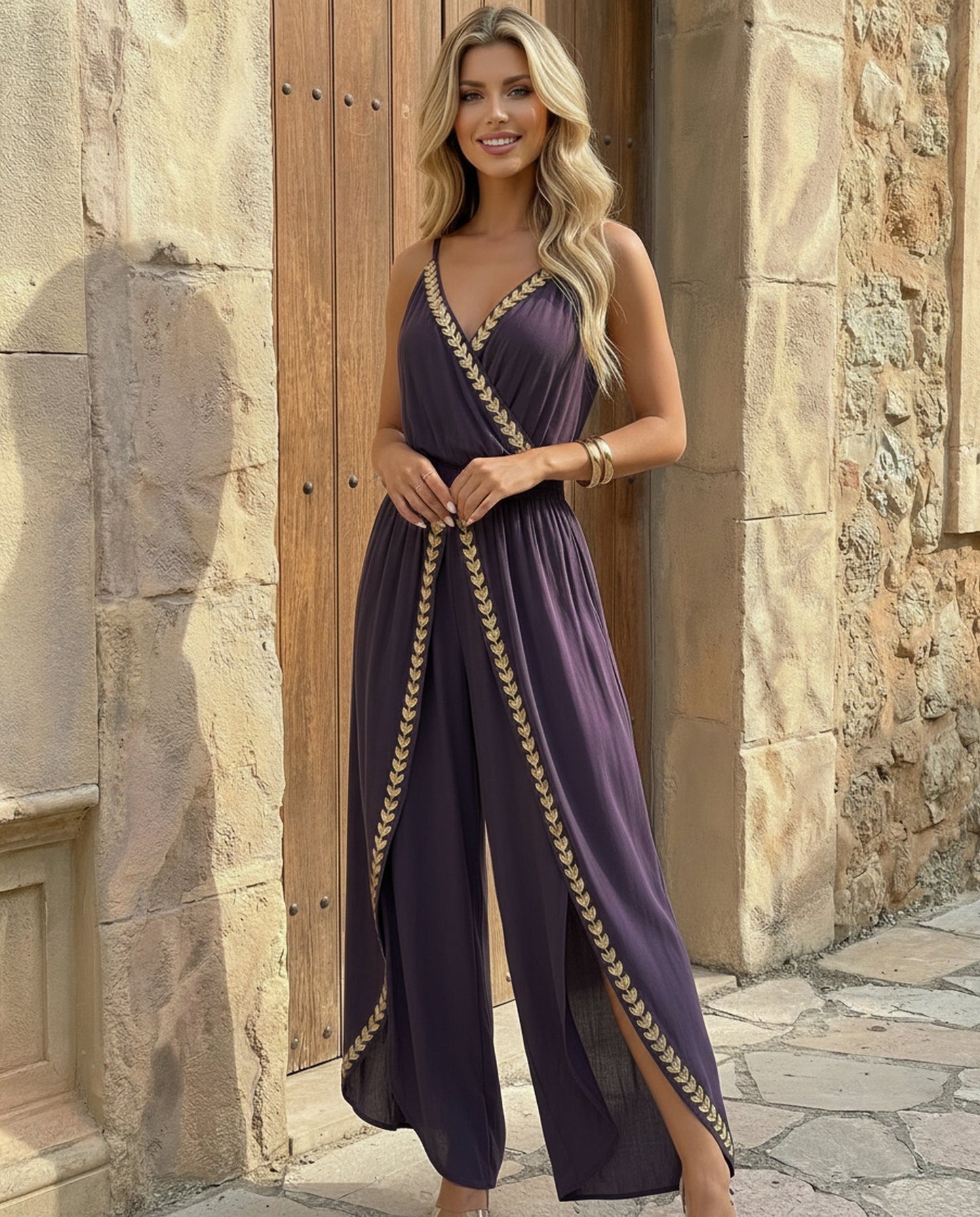 SOLACE  Purple Spaghetti Strap Gold Embroidered Wide Leg Jumpsuit?