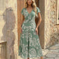 SOLACE  Green Leaf Print V-Neck Tiered Maxi Dress?