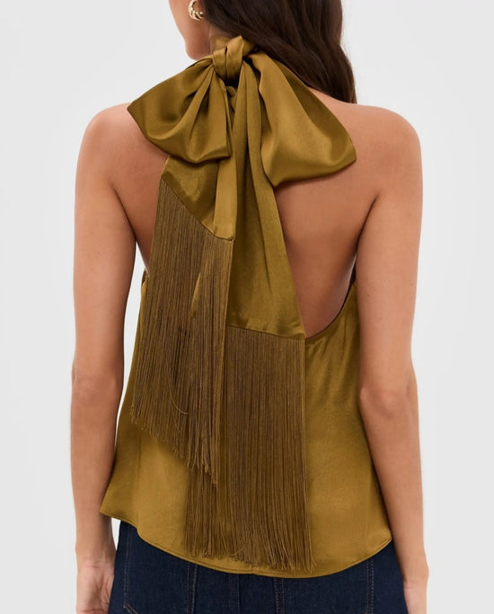 SOLACE  Olive Green Fringe Back Tie Satin Relaxed Regular Top?