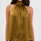 SOLACE  Olive Green Fringe Back Tie Satin Relaxed Regular Top?