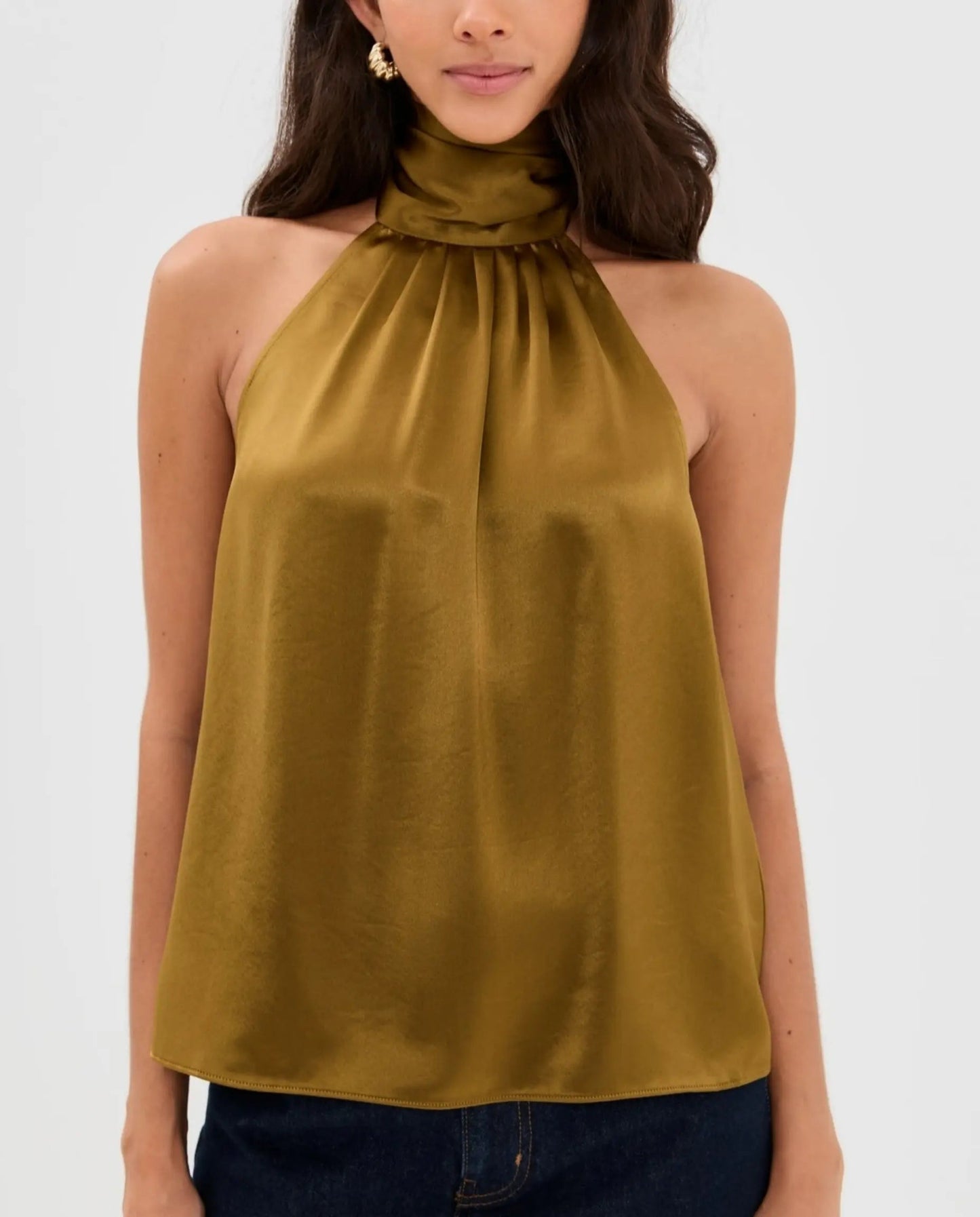 SOLACE  Olive Green Fringe Back Tie Satin Relaxed Regular Top?