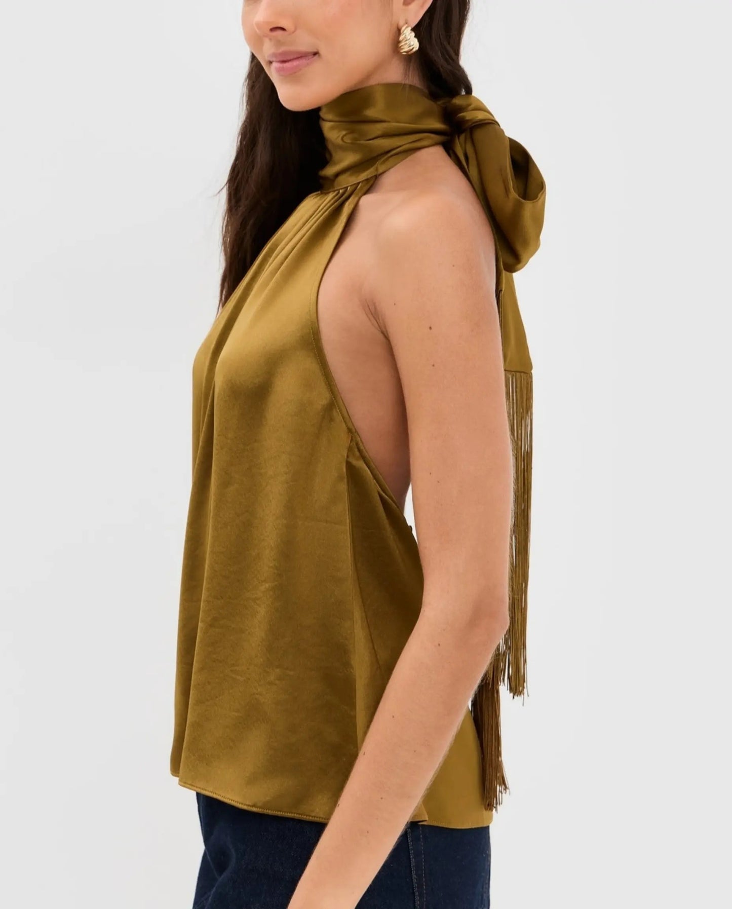 SOLACE  Olive Green Fringe Back Tie Satin Relaxed Regular Top?