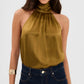 SOLACE  Olive Green Fringe Back Tie Satin Relaxed Regular Top?
