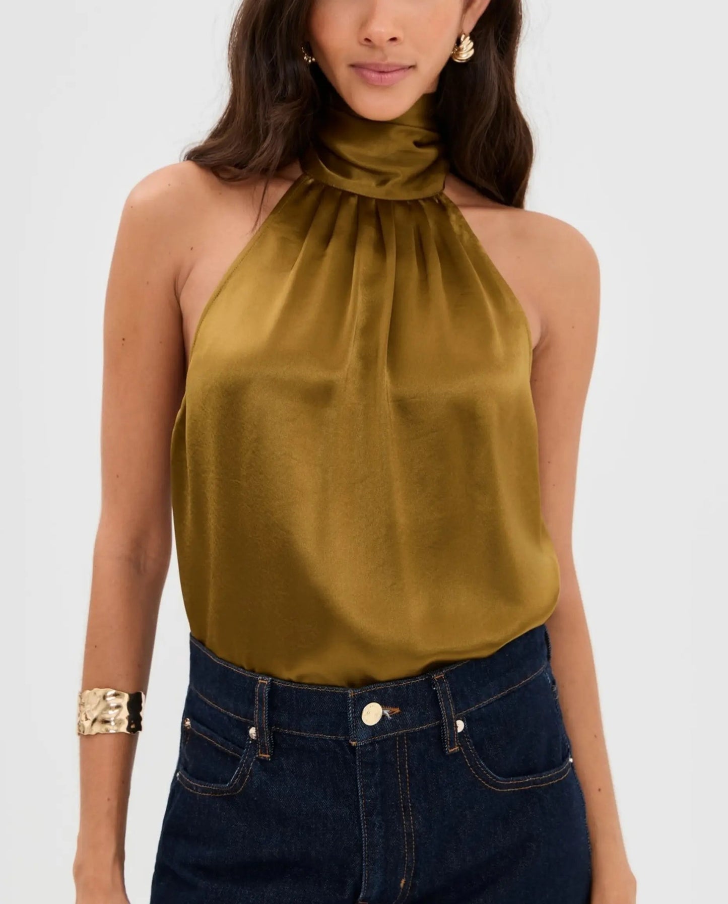 SOLACE  Olive Green Fringe Back Tie Satin Relaxed Regular Top?