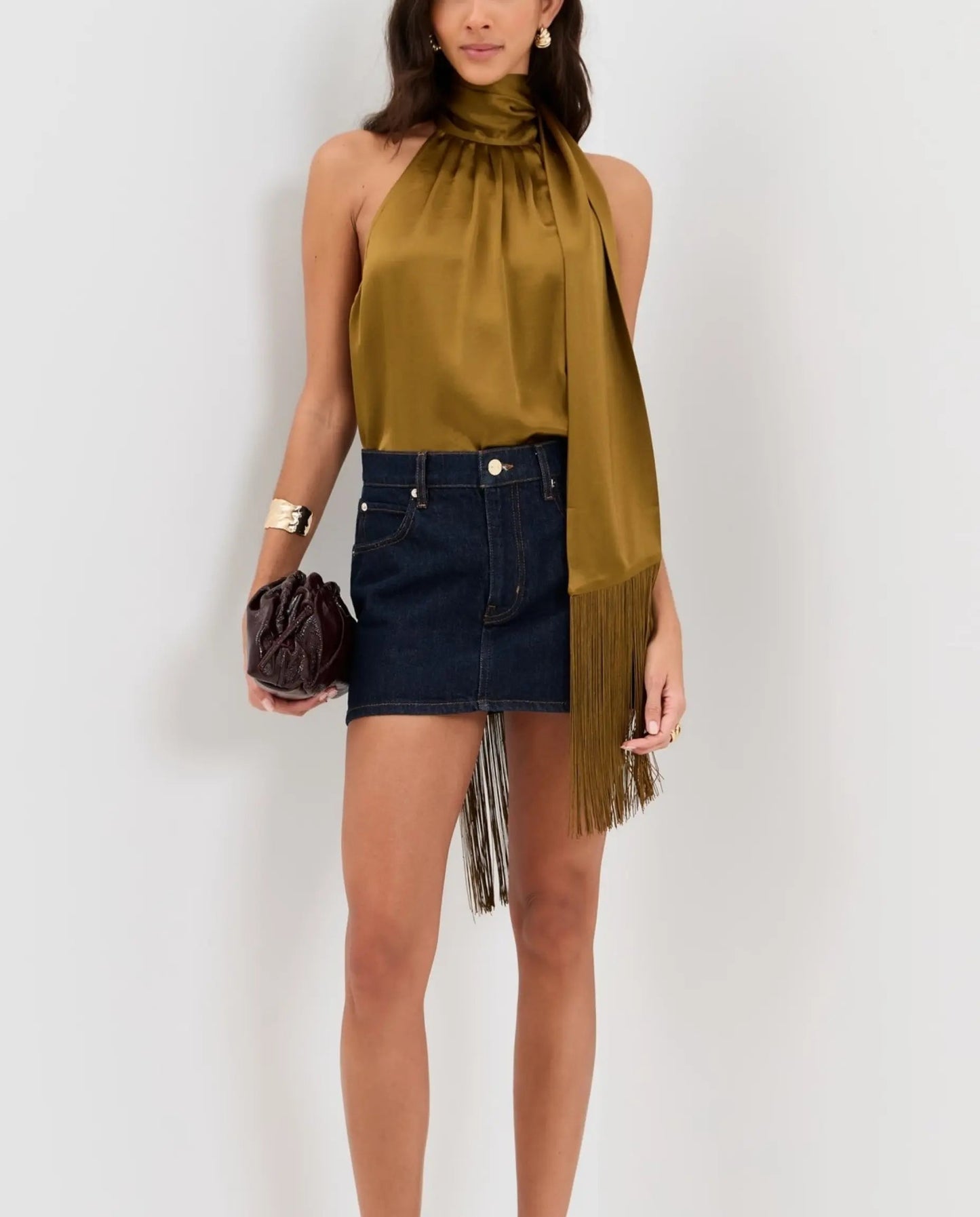 SOLACE  Olive Green Fringe Back Tie Satin Relaxed Regular Top?