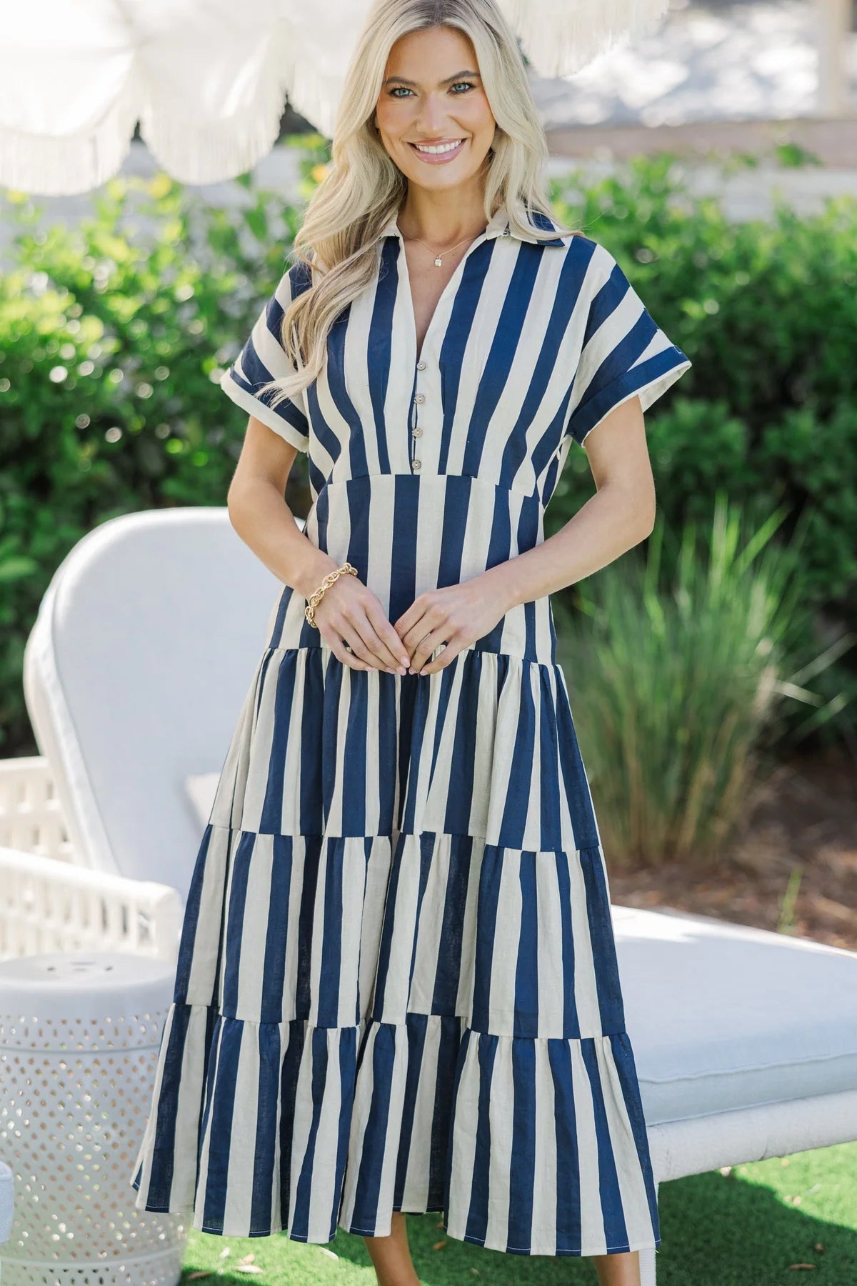 Search Your Heart Navy Blue Striped Midi Dress OMFORT