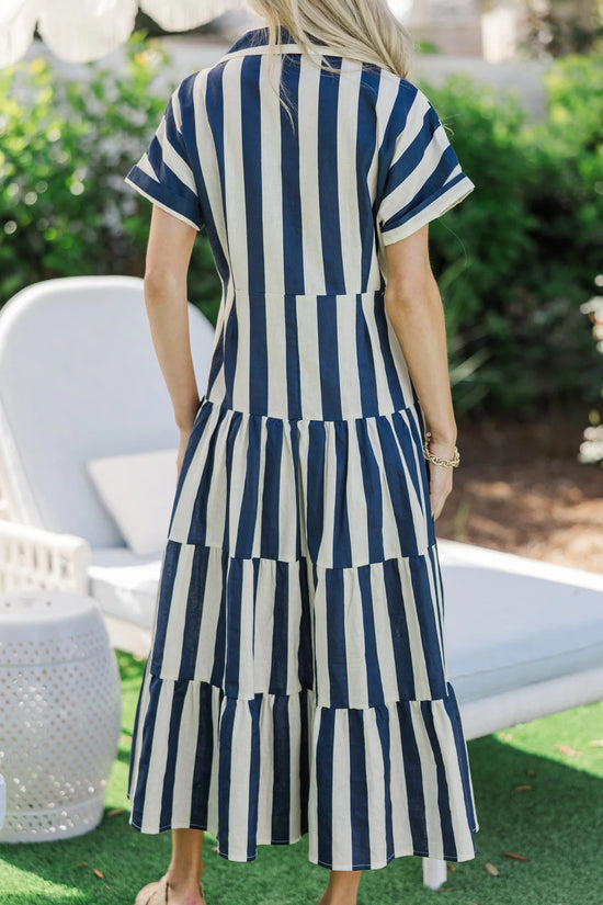 Search Your Heart Navy Blue Striped Midi Dress OMFORT
