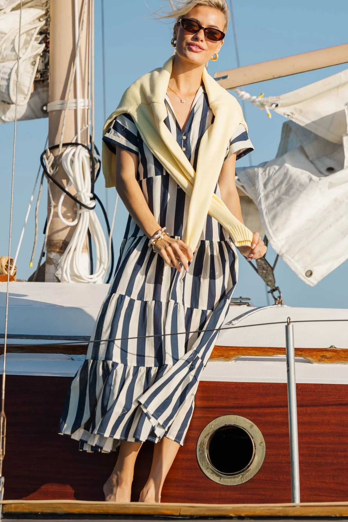 Search Your Heart Navy Blue Striped Midi Dress OMFORT