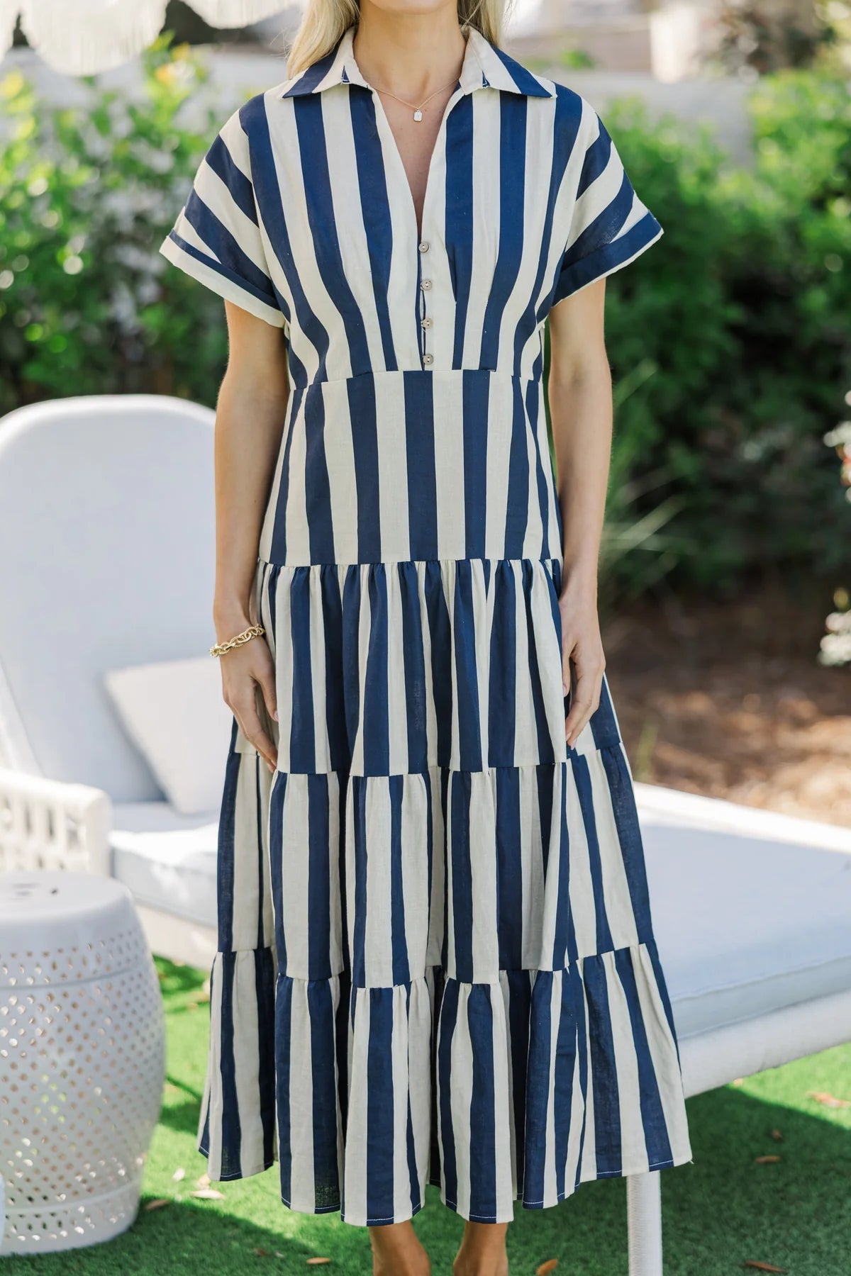 Search Your Heart Navy Blue Striped Midi Dress OMFORT