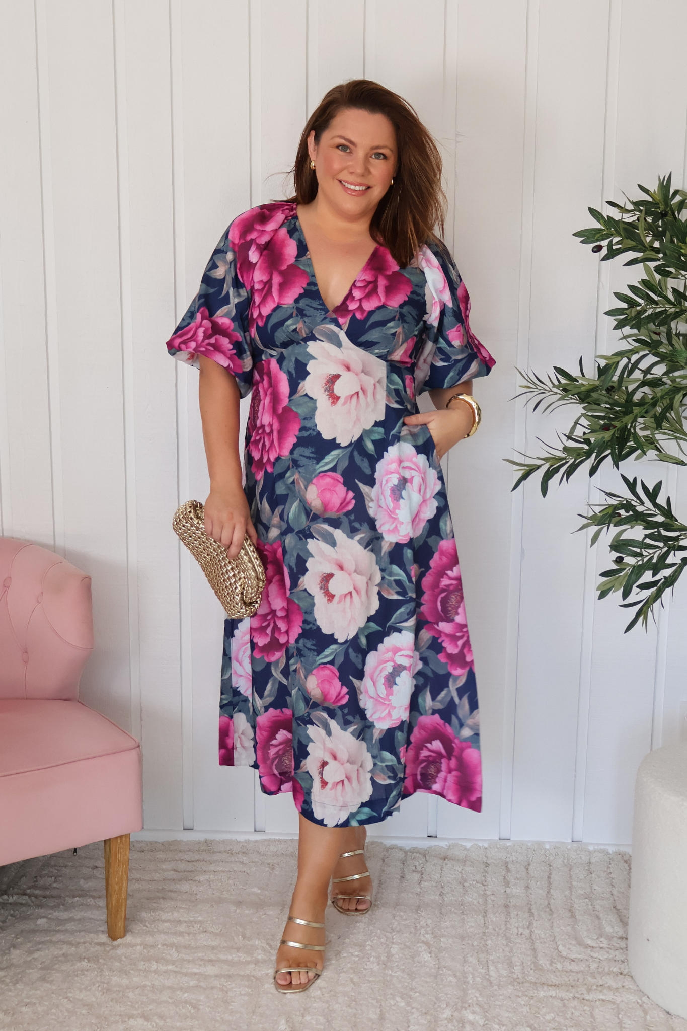 Secret Radiance Maxi Dress in Navy with Pink Floral Linen Blend OMFORT