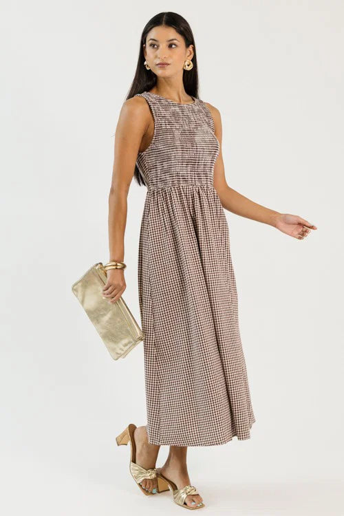 Smocked Gingham Midi, Brown OMFORT