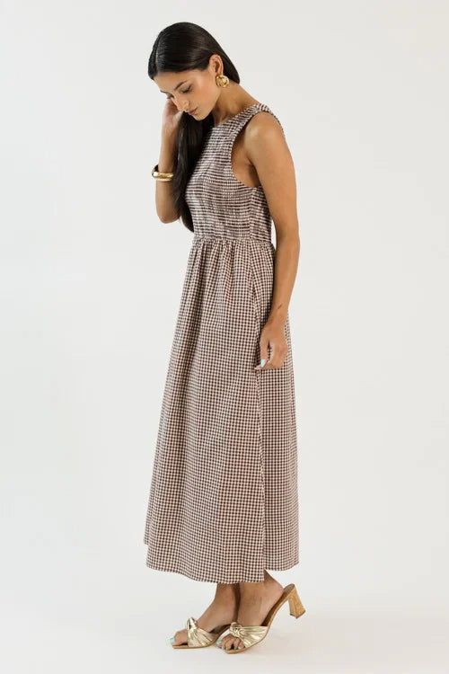 Smocked Gingham Midi, Brown OMFORT