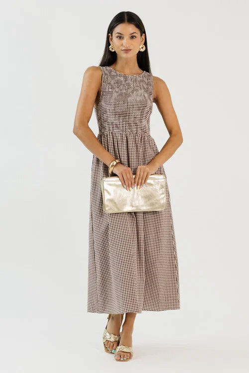 Smocked Gingham Midi, Brown OMFORT