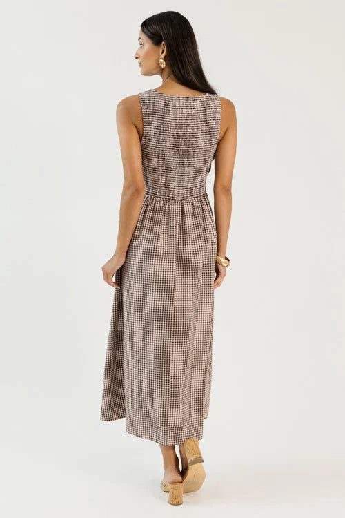 Smocked Gingham Midi, Brown OMFORT
