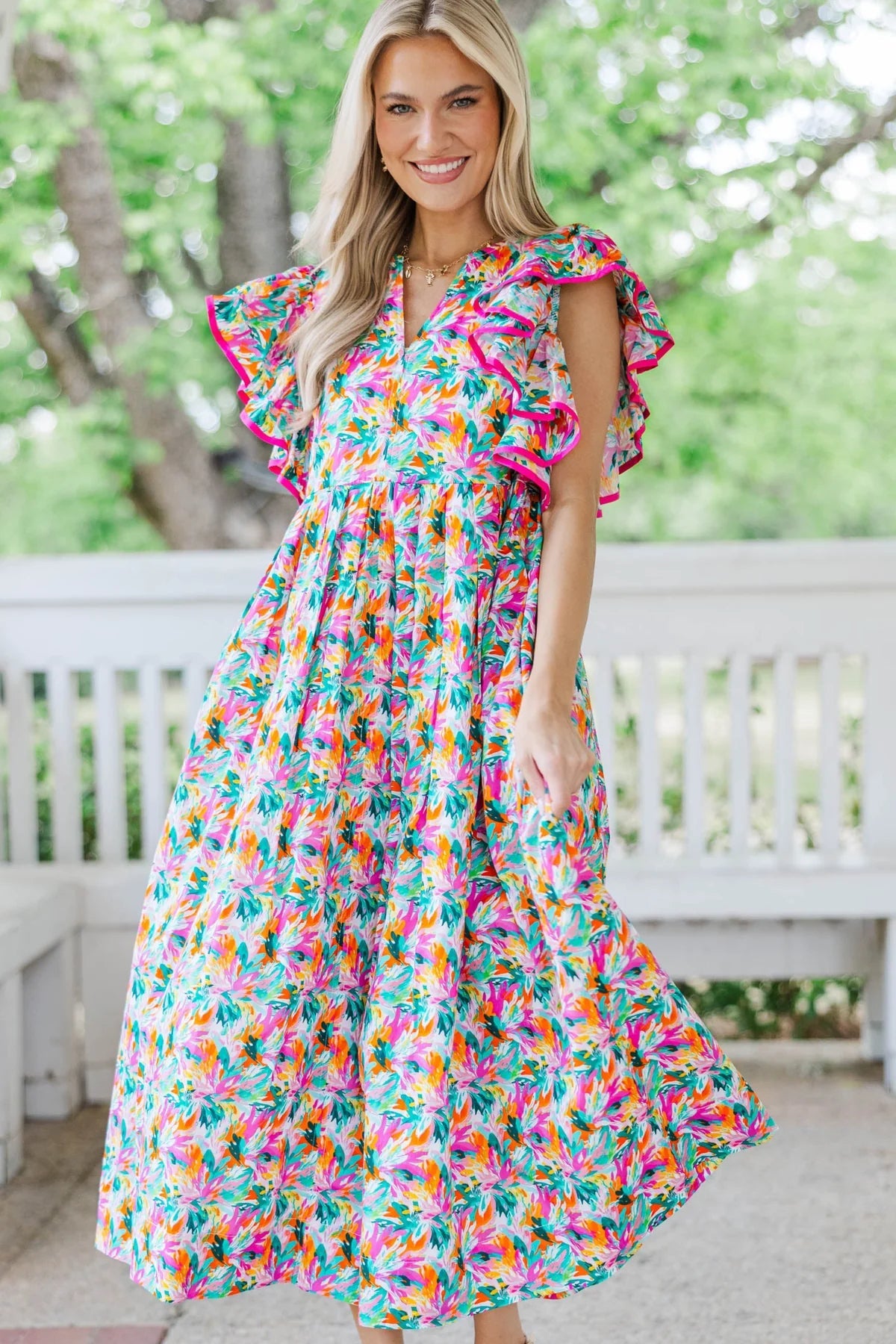 Stay Consistent Pink Abstract Midi Dress OMFORT
