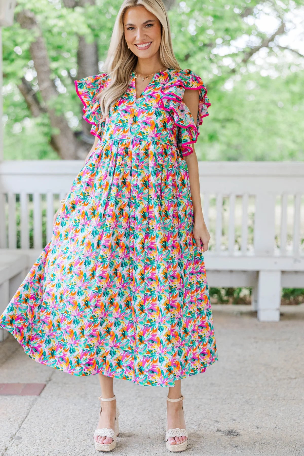 Stay Consistent Pink Abstract Midi Dress OMFORT