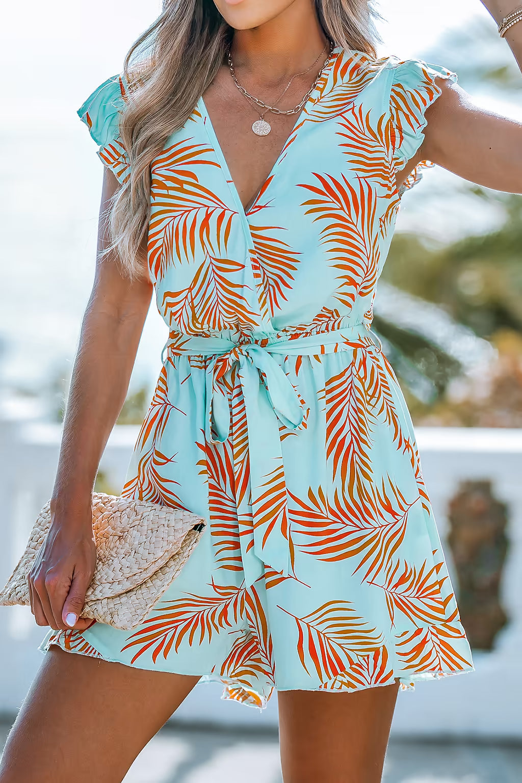 Teal & Orange Tropical Flutter Sleeve Romper OMFORT