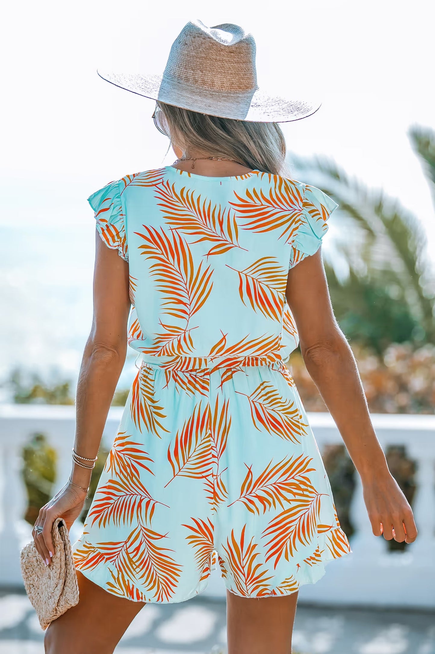 Teal & Orange Tropical Flutter Sleeve Romper OMFORT