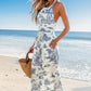 Toile Print Halter Neck Straight Leg Jumpsuit OMFORT