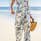 Toile Print Halter Neck Straight Leg Jumpsuit OMFORT