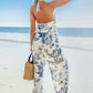 Toile Print Halter Neck Straight Leg Jumpsuit OMFORT
