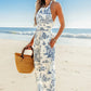 Toile Print Halter Neck Straight Leg Jumpsuit OMFORT