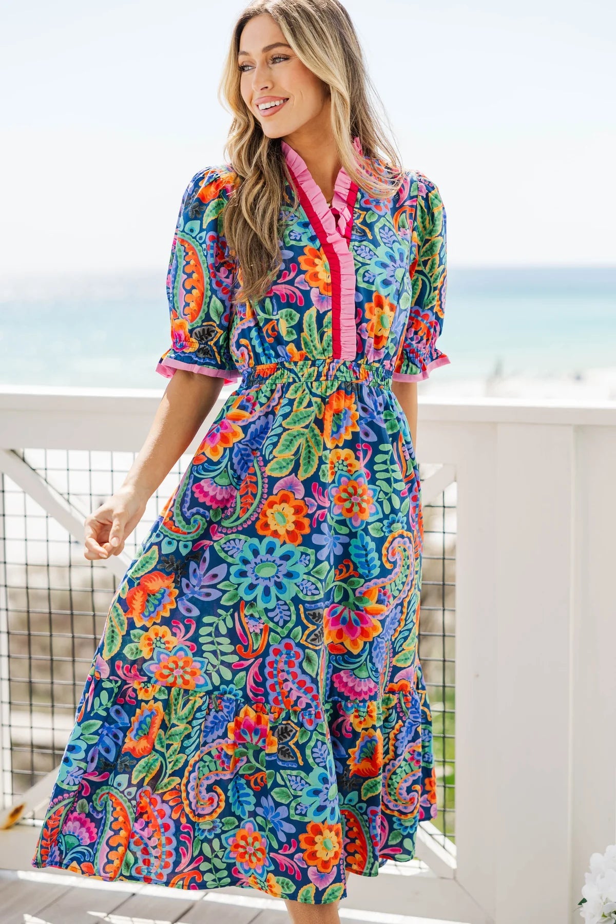 Where The Heart Is Navy Floral Midi Dress OMFORT