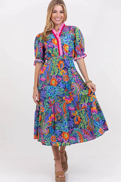 Where The Heart Is Navy Floral Midi Dress OMFORT