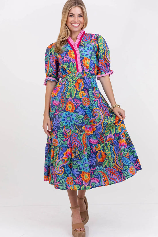 Where The Heart Is Navy Floral Midi Dress OMFORT