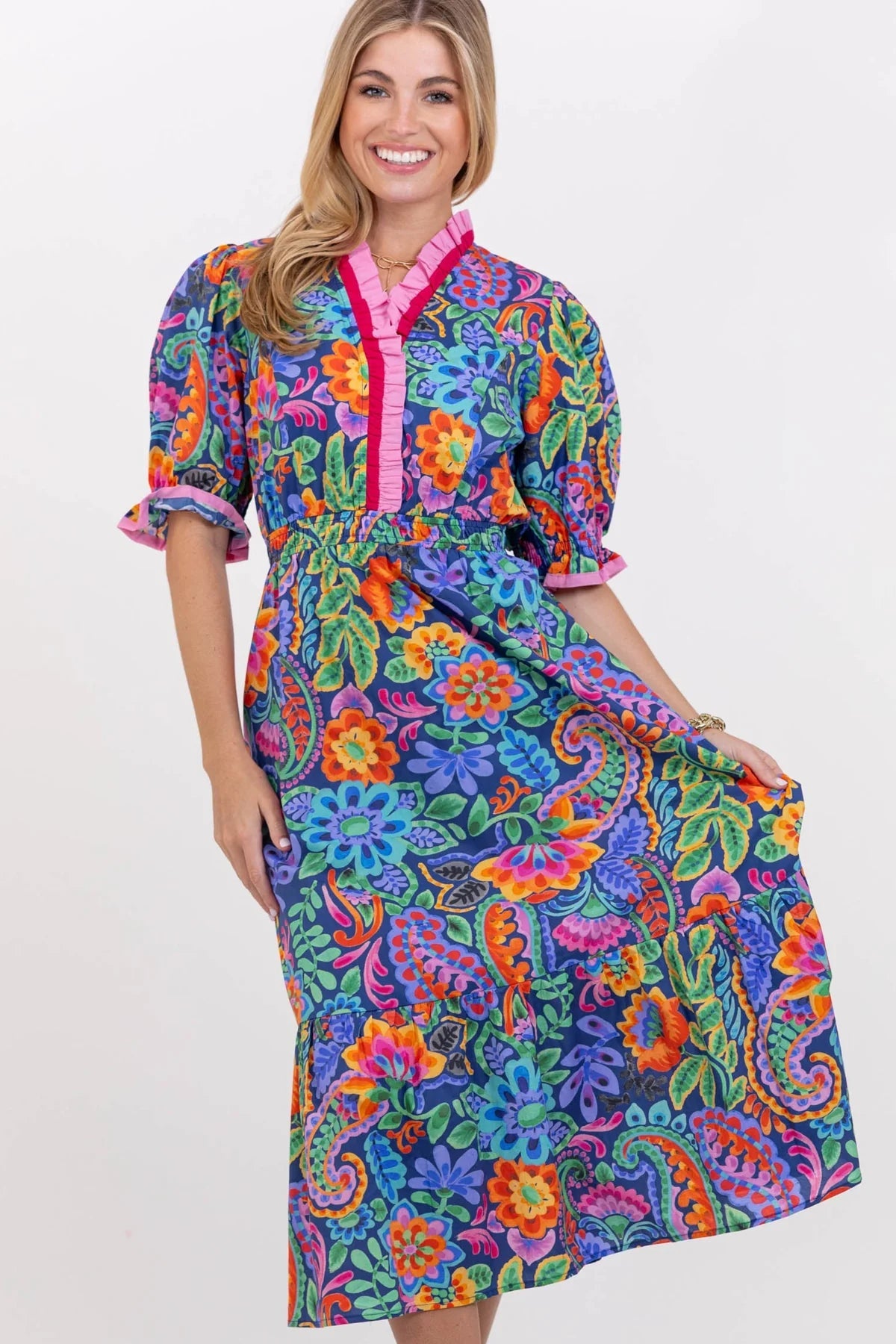 Where The Heart Is Navy Floral Midi Dress OMFORT