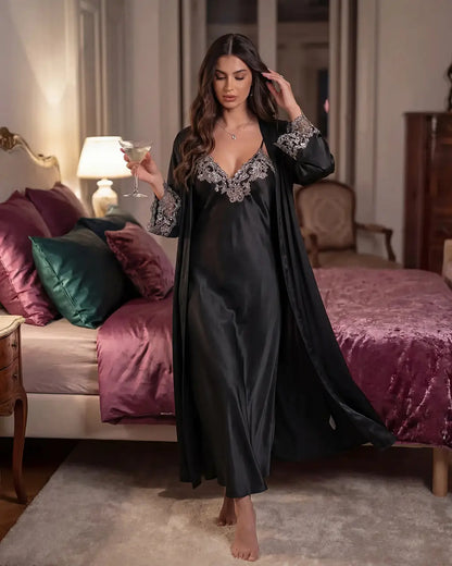 Lace Trim Satin Long Nightgown Robes Set - OMFORT