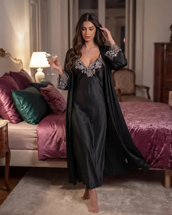 Lace Trim Satin Long Nightgown Robes Set - OMFORT