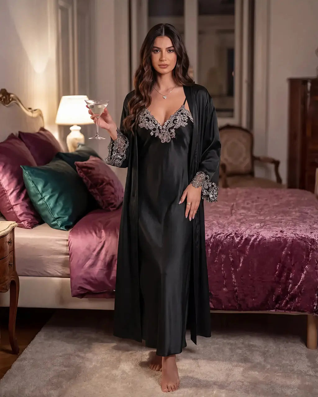 Lace Trim Satin Long Nightgown Robes Set - OMFORT
