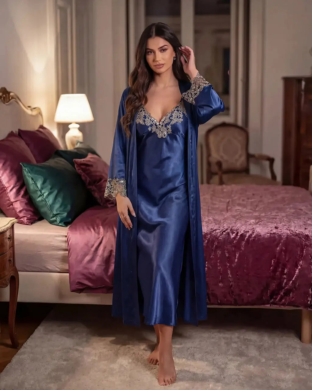 Lace Trim Satin Long Nightgown Robes Set - OMFORT