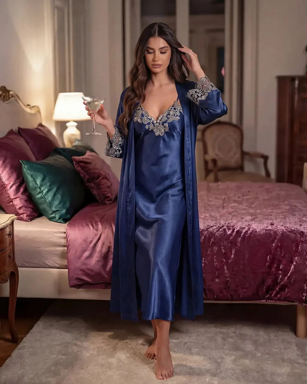 Lace Trim Satin Long Nightgown Robes Set - OMFORT