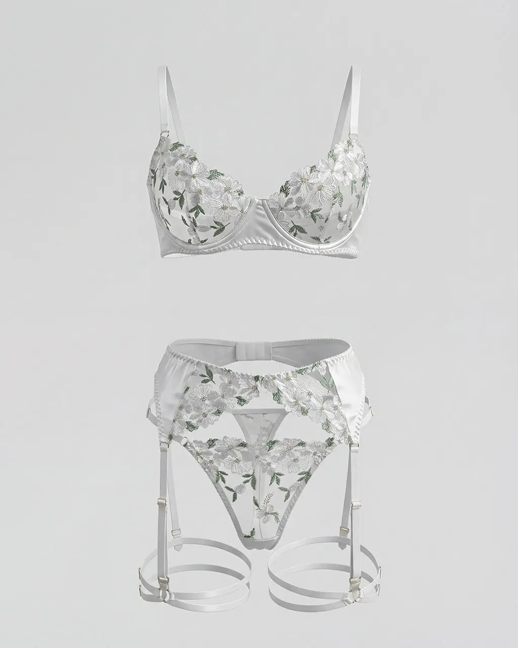 Floral Embroidered 4 Pcs Lingerie Set - OMFORT